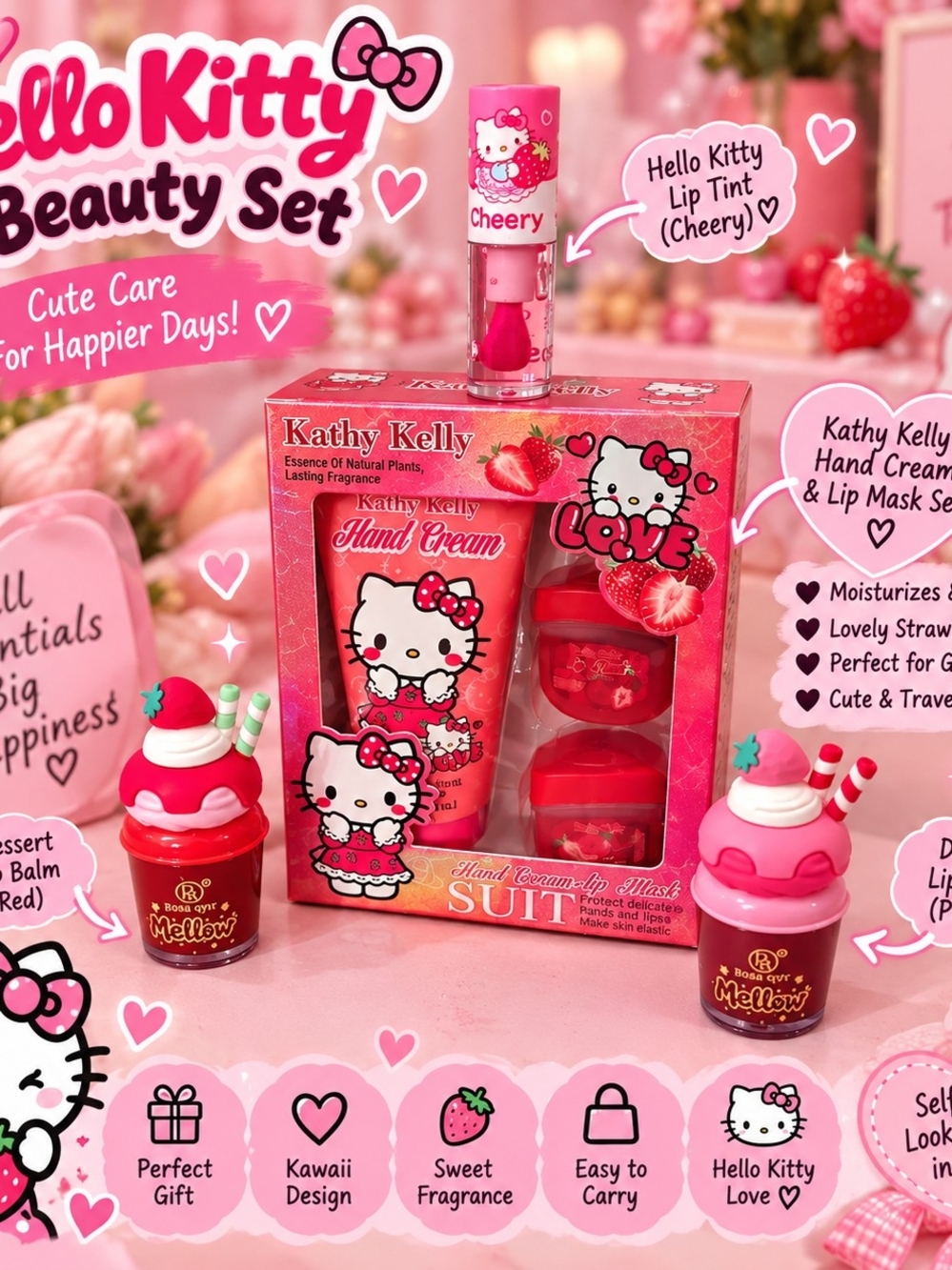6 Peices Kitty Pink Hand Cream & Lip Tint Setv & Lipgloss